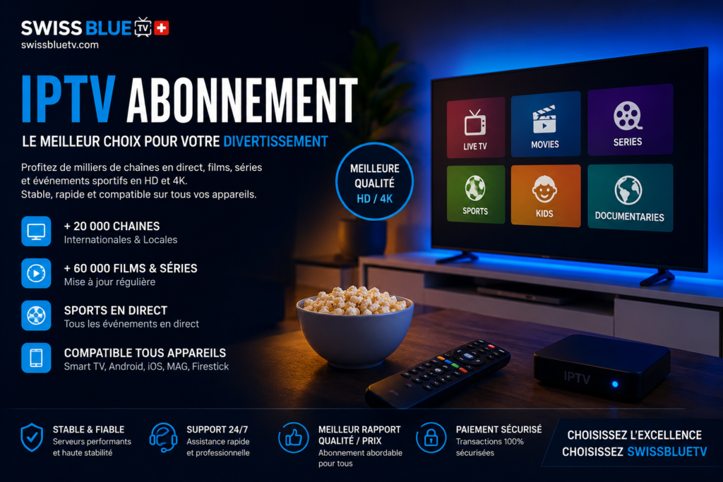 Promotional IPTV Rapide banner for SwissBlueTV featuring a modern smart TV interface with live TV, sports, films, and streaming categories. The design highlights ultra-fast IPTV streaming in Switzerland with HD, Full HD, and 4K support, multi-device compatibility including Smart TV, Android Box, Firestick, smartphone, and tablet, alongside Swiss mountains and a Swiss flag background
