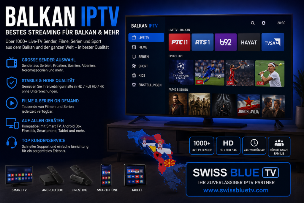 Promotional banner for Balkan IPTV streaming service showing a modern smart TV interface with Balkan live channels, sports, movies, and series in HD and 4K quality. The image includes compatibility icons for Smart TV, Android Box, Firestick, smartphone, and tablet devices, alongside Swiss Blue TV branding and a dark blue modern IPTV design