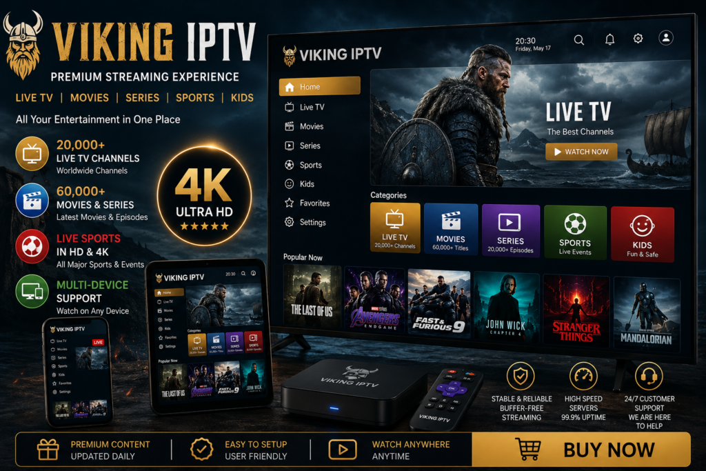 IPTV kaufen streaming banner featuring a futuristic smart TV with live sports, movies, series, and HD & 4K entertainment categories. The image includes smartphone, tablet, IPTV box, remote control, and multi-device IPTV streaming technology with modern blue and gold lighting for premium entertainment in Switzerland.