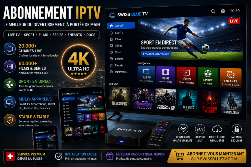 Abonnement IPTV sur Smart TV avec chaînes live, sport, films et streaming multi-appareils en HD et 4K.